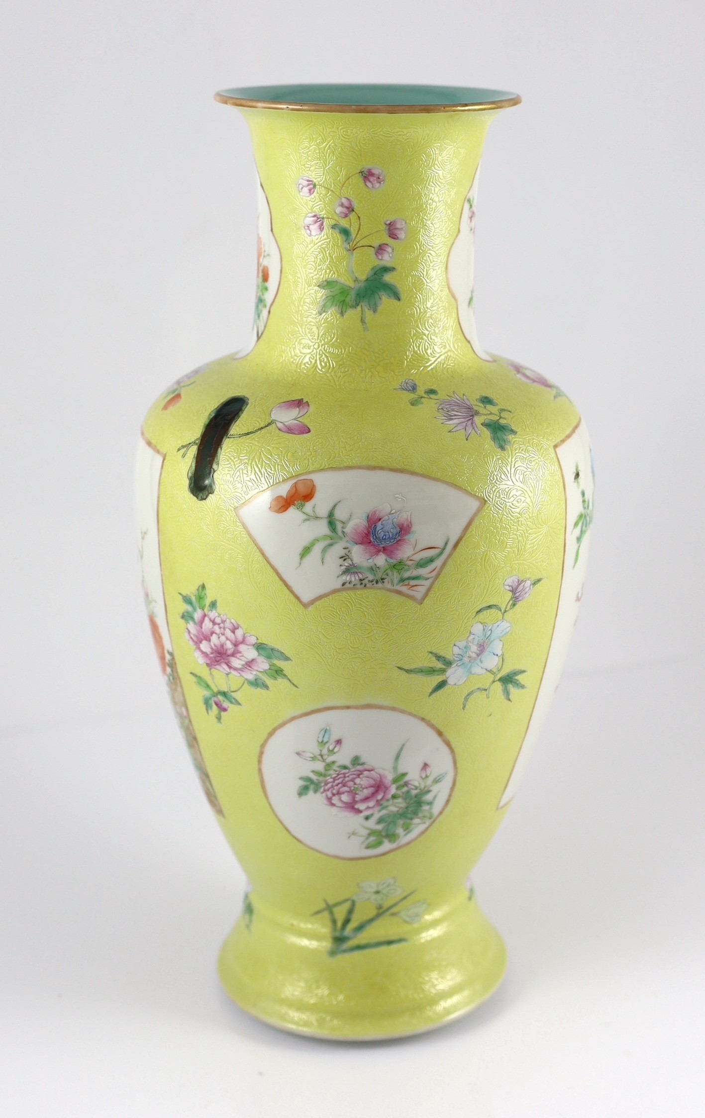 A Chinese yellow sgraffito ground vase, Qianlong seal mark but Republic period, 41.5cm high, neck restored